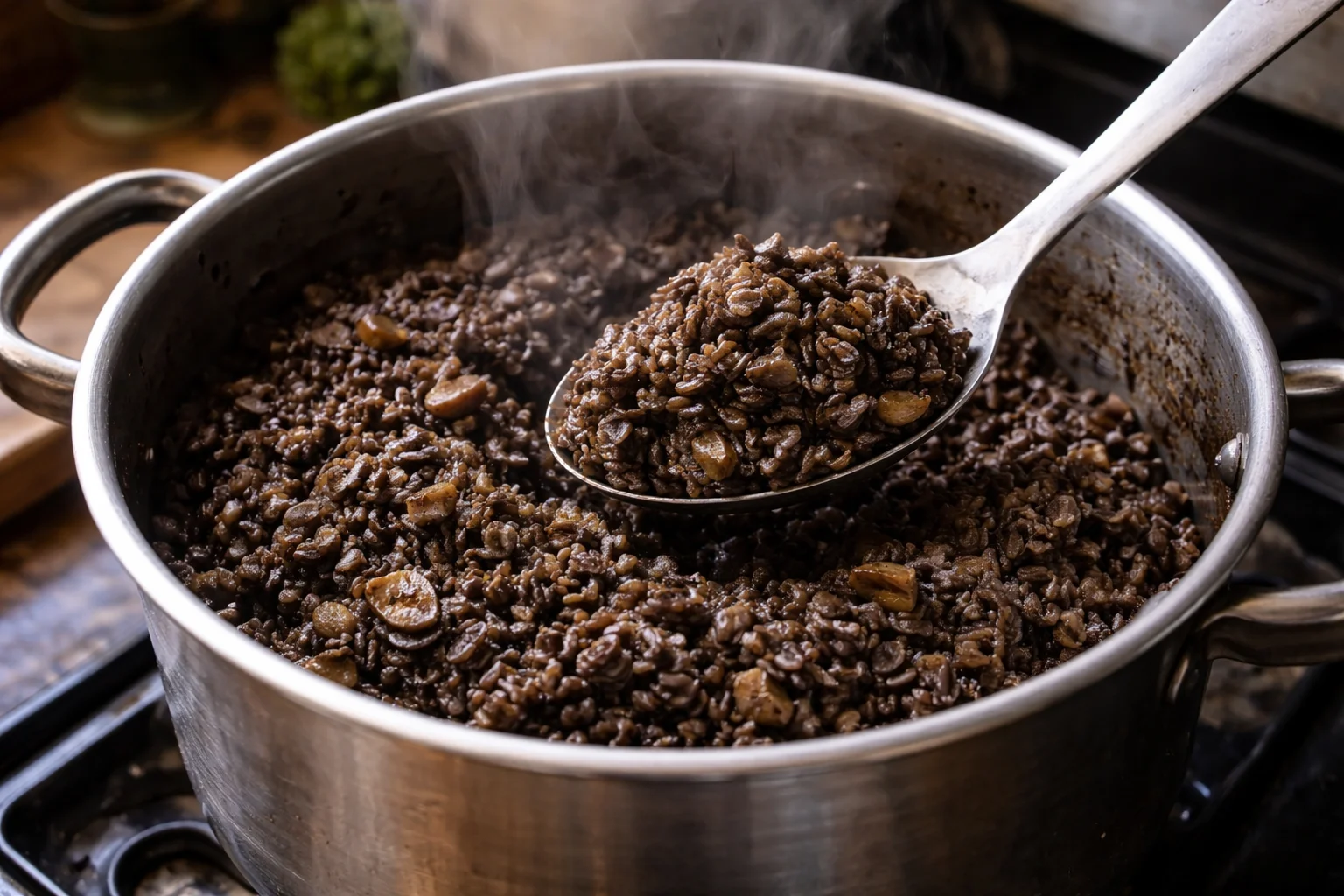 the rice visibly inky and glossy with small mushroom pieces, steam rising