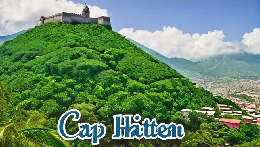 the Citadelle Laferrière perched atop a mountain in the background
