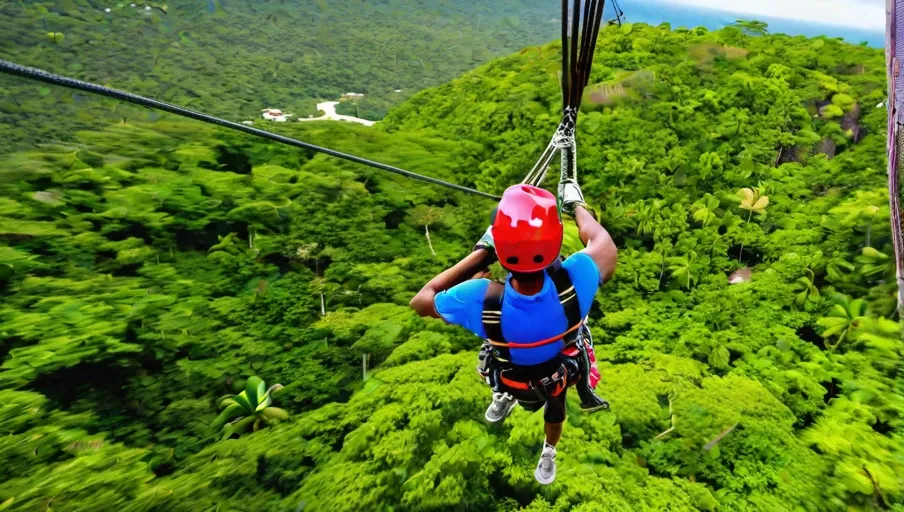 the treetops and vibrant bursts of color from local flora