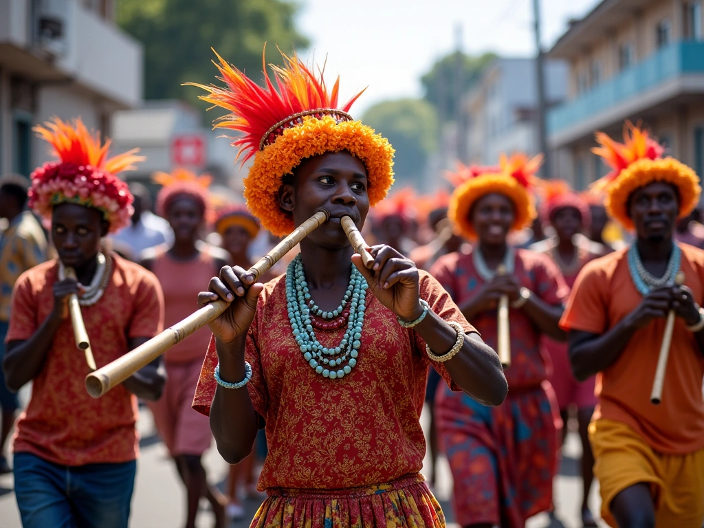 A vibrant street procession in Haiti during the Lenten season. A group of musicians plays vaksin, cylindrical bamboo trump...