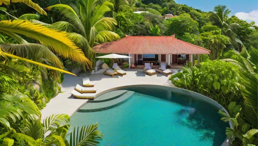 with colorful bungalows a sparkling pool and panoramic ocean views
